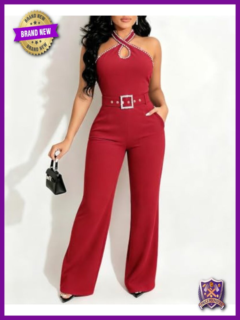 Halter Jumpsuit Elegant Rhinestone Sleeveless Wide Leg Romper with Belt Dressy - Picture 5 of 6